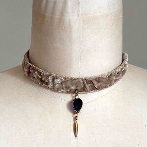 Haus of Topper Choker - Tan Crushed Velvet Victorian Teardrop Gold Tone Necklace